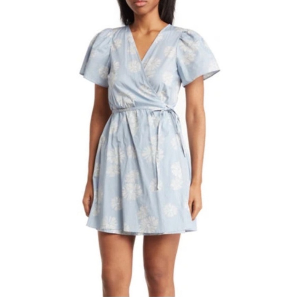 Light Blue Floral Wrap Mini Dress